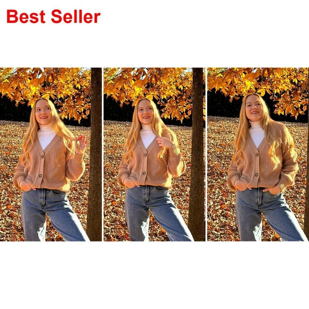 Chunky Knit Cardigan Open Front V Neck Button Loose Sweater Long Sleeve
